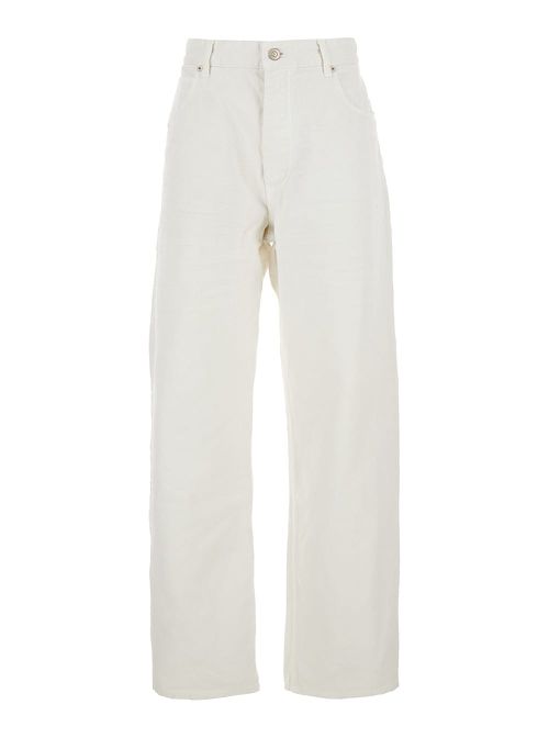 White Five Pocket Jeans With Ripped Hem In Cotton Woman