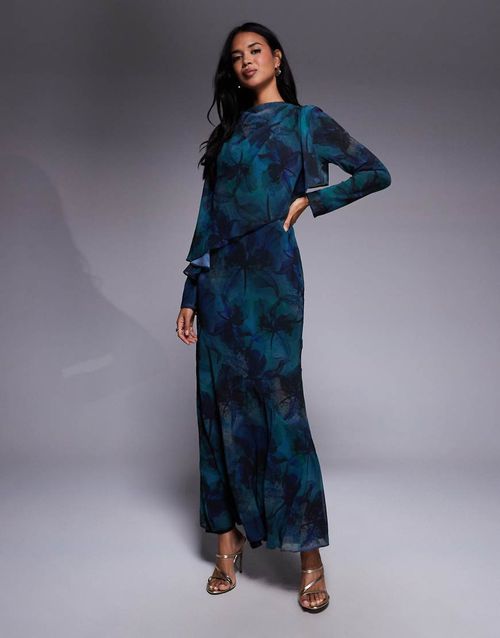 Ruffle cape maxi dress in deep blue abstract print-Multi
