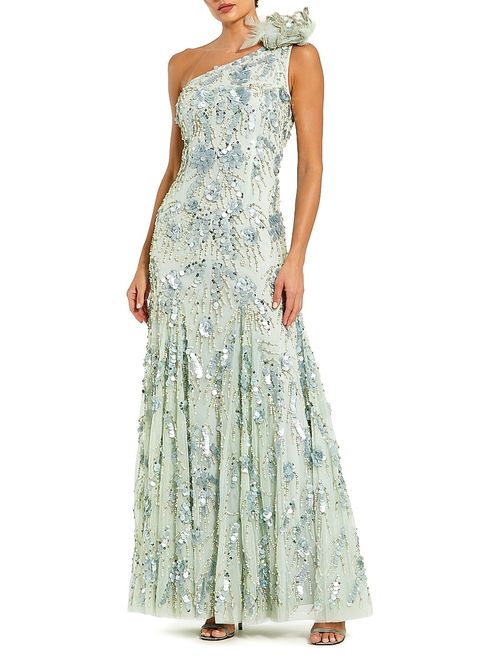 Women's Evening Embellished Mesh One-Shoulder Trumpet Gown - Sage