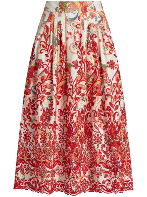 Paisley-pattern embroidered midi skirt - White