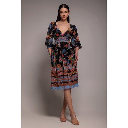 Goddiva Chiffon Wrap Border Floral Print Midi Dress - Black