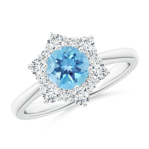 Angara 0.95 Carat Swiss Blue Topaz and Diamond Floral Halo Engagement Ring in Platinum