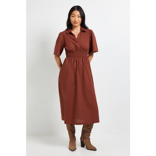 Dorothy Perkins Petite Collar Shirred Waist Detail Poplin Midi Dress In Chocolate