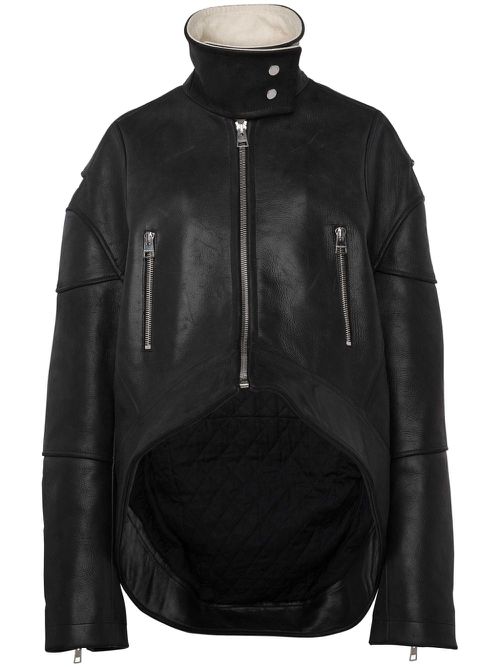 High-neck curved leather jacket - Black