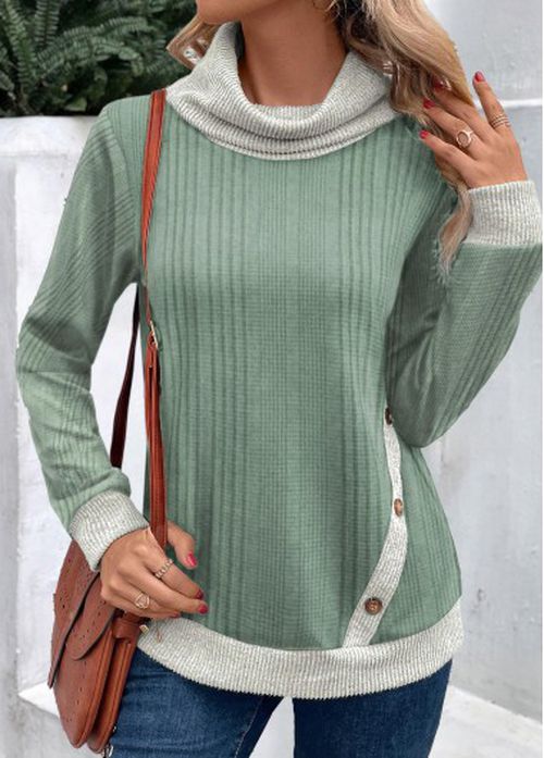 Modlily Sage Green Patchwork Long Sleeve Cowl Neck Sweatshirt