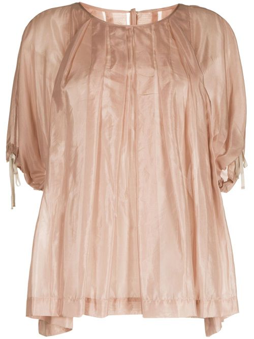 Short-sleeve pleated blouse - Brown