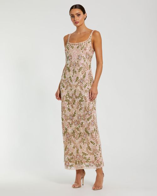 Sleeveless Hand Beaded Floral Midi Dress In Sand Multi
