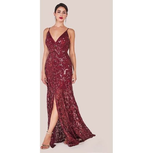 Goddiva Iridescent Sequin Maxi With Front Split - Burgundy