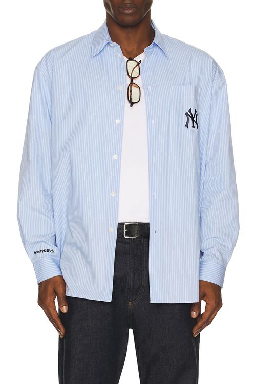Sporty & Rich Heritage Yankees Serif Oversized Shirt in Blue Stripe - Blue. XL/1X also in