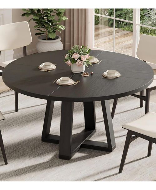 Round Dining Table for 4-6 People, Circle Kitchen Table with Cross Base, Farmhouse Wood Dinner Table for Apartment - Black