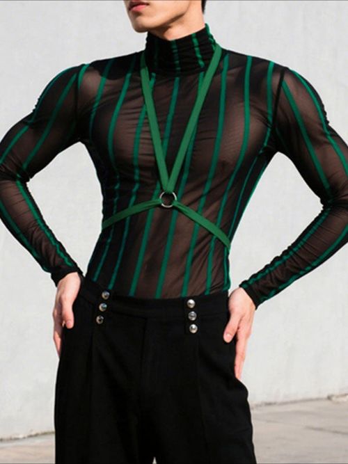 Men's Striped Patchwork Sheer Long Sleeve T-Shirt SKUL23956 - Green / S