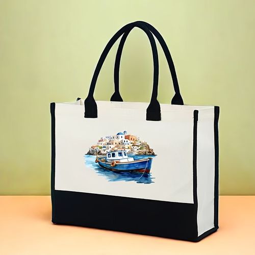 TEMU Watercolor Santorini Greek Islands Travel Journal Print Tote Bag - Large Capacity Shoulder Bag With Button Closure, Durable Women's Casua