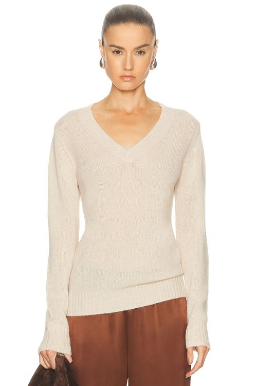 Enza Costa Cashmere V-Neck Sweater in Beige
