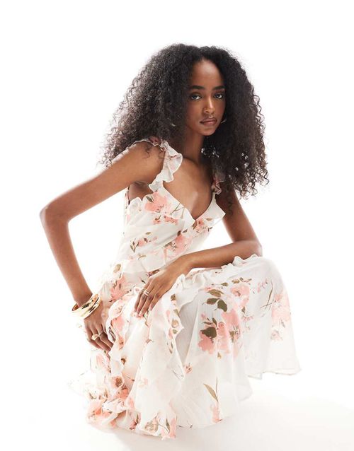 New Look floral ruffle maxi dress in cream-White
