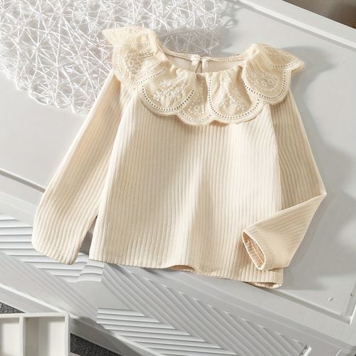 TEMU Camiseta de larga para niñas con cuello y espalda con volantes de encaje - Top de punto y elástico, blusa casual de cuello para /otoño, ajuste