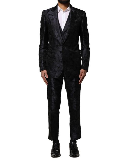 Silk Jacquard Single Breasted Pant Suit — Black