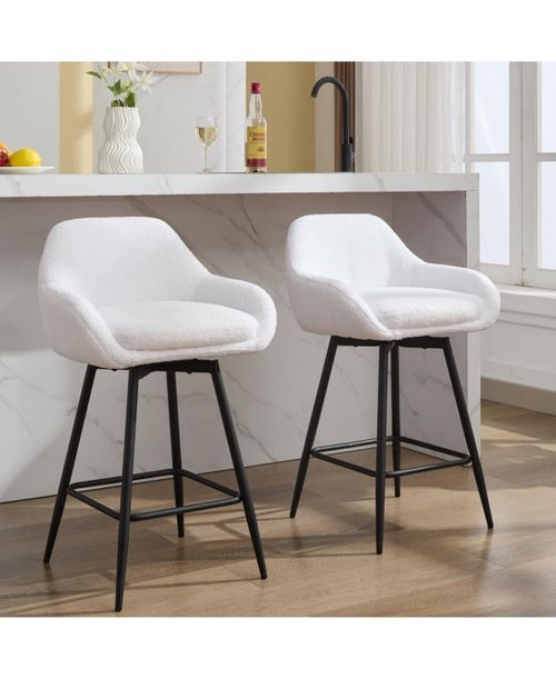 Counter Height Bar Stools Set of 2, 360degree Swivel Upholstered Barstools for Kitchen Island - White