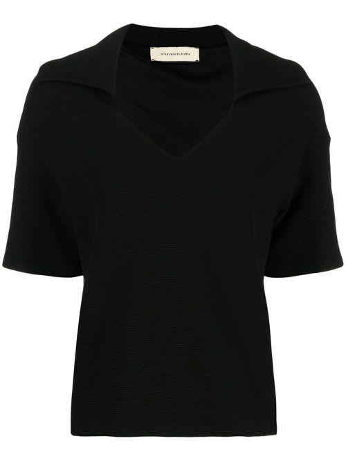 Spread-collar ribbed-knit top - Black