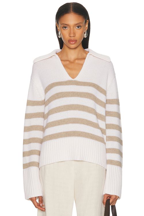 Jenni Kayne Cashmere Phoebe Polo Sweater in Ivory & Toast Stripe - Ivory.  XL also in L