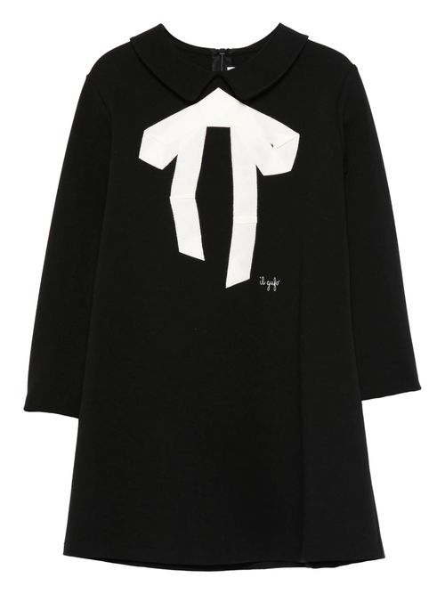 Long-Sleeved Mini Dress with Front Bow and Embroidered Logo
