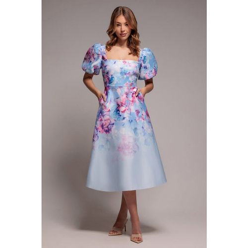 Goddiva Printed Scuba Square Neck Puff Sleeve Midi Dress - Blue