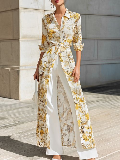 Floral Printed Chiffon Shirt Dress - Yellow