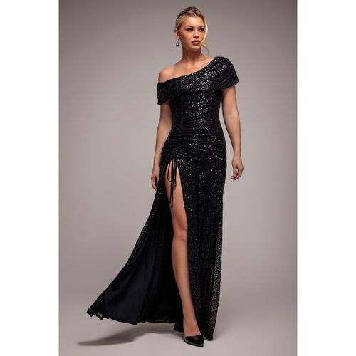 Goddiva Off The Shoulder Sequin Cowl Drawstring Maxi Dress - Black