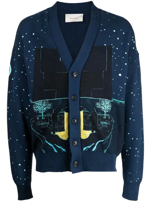 Illustration-style pattern cotton cardigan - Blue