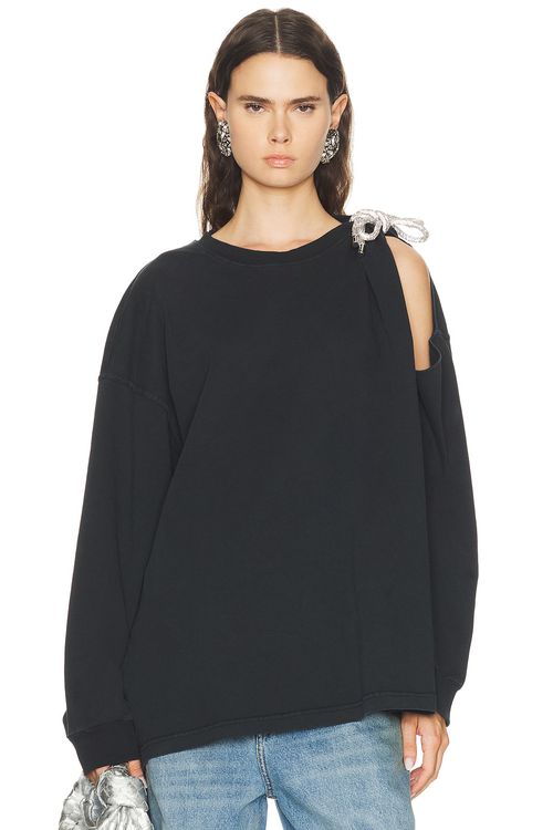 AREA Crystal Knot Long Sleeve T-Shirt in Washed Black - Black. M also in