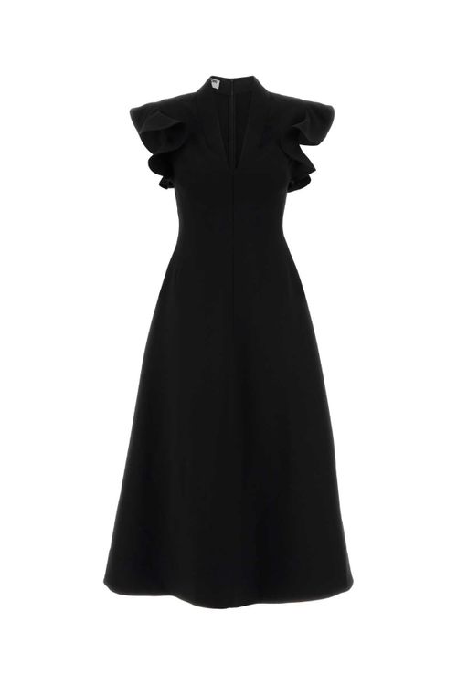Ruffled Cap-Sleeve Jersey Dress — Black