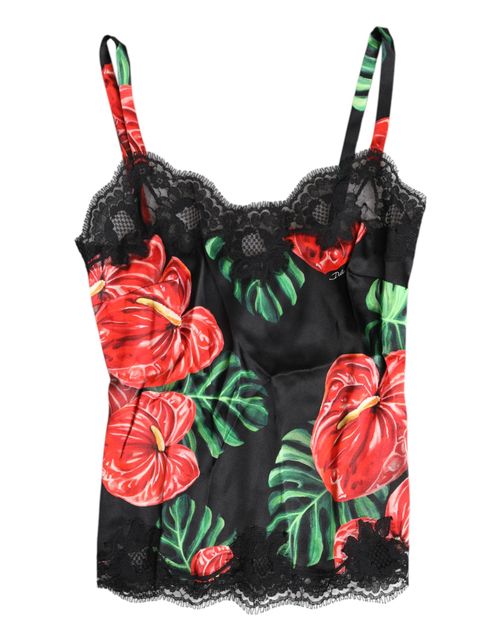 Floral Silk Lace-Trimmed Tank Top — Black