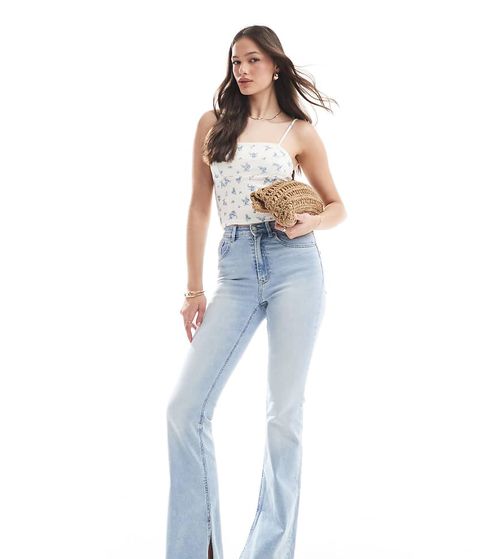 Stradivarius Tall D74 flare slit jeans in light wash-Blue