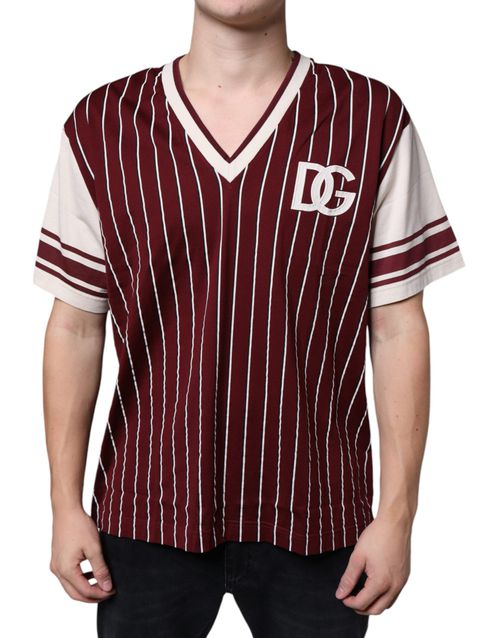 Maroon Stripes Cotton Logo V-neck T-shirt - IT50 | L