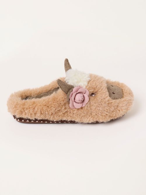 FatFace Hettie Light Brown Highland Cow Novelty Mule Slipper