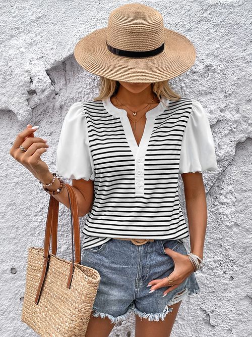 Striped V-neck Blouse With Puff Sleeves And Button Front