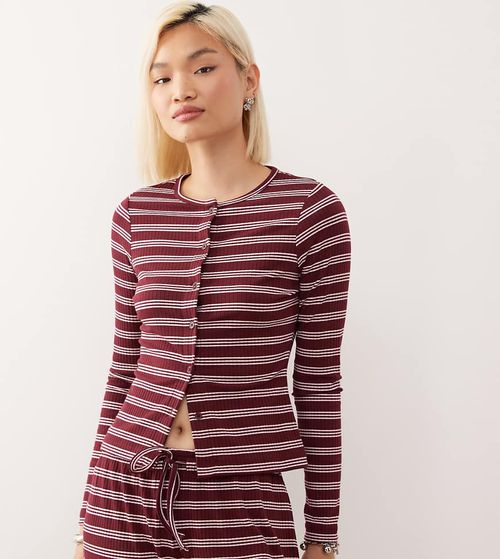 Fitted rib cardigan in maroon stripe co-ord-Multi
