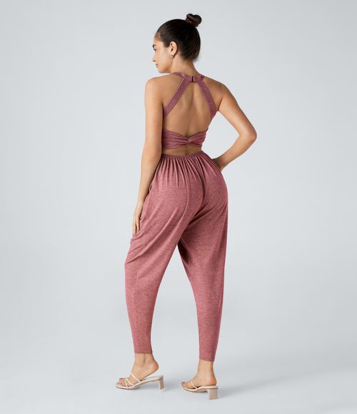 U Neck Pocket Harem Casual Jumpsuit-Easy Peezy Edition  - Brick Red Mix
