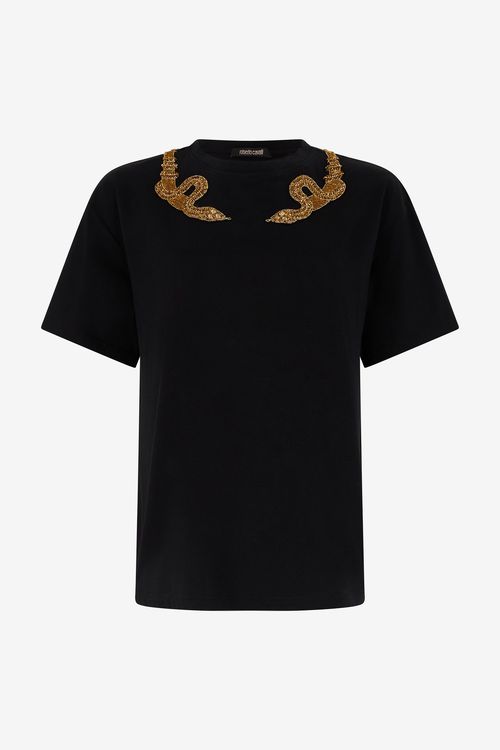 Black T-shirt With Snake Embroidery - Female T