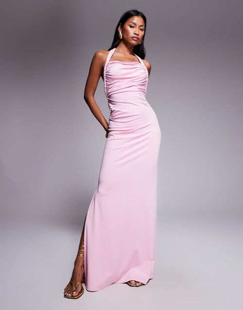 Double layered slinky asymmetric halterneck low twist back dress maxi dress in pink