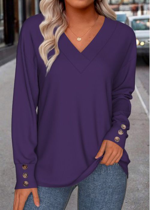 Modlily Purple Button Long Sleeve V Neck Sweatshirt