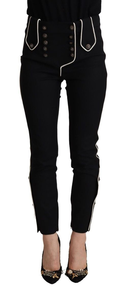 Button-Embellished Slim Fit Trousers — Black