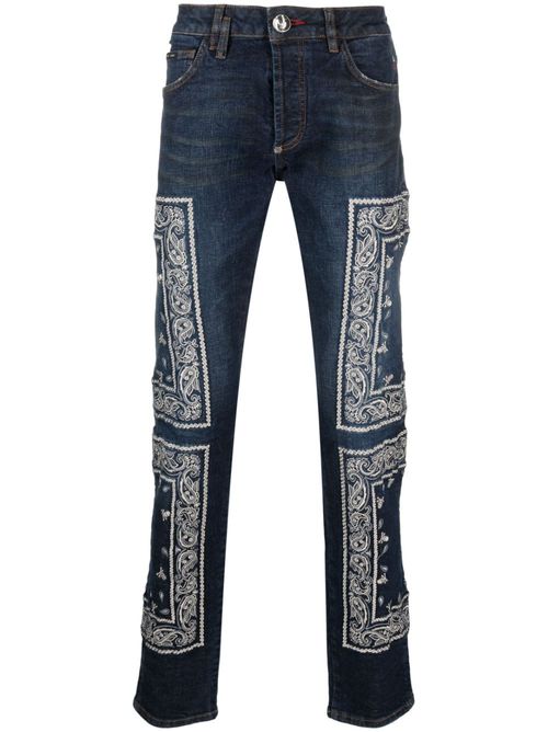 Paisley-embroidered straight-leg jeans - Blue