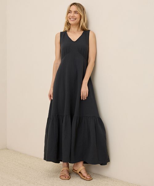 Women's Black Coastal Double Gauze Beach To Brunch Maxi Dress XX