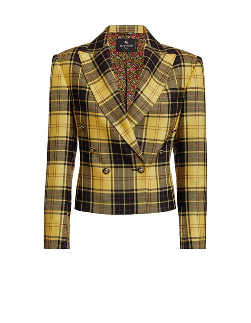 Woman Double-breasted Blazer With Yellow Check Pattern