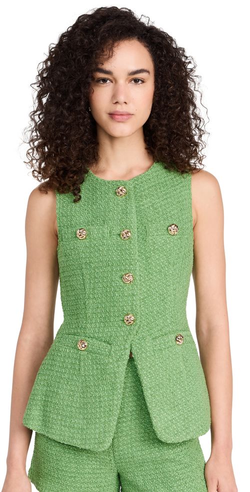 Tweed Buttoned Long Split Top Green