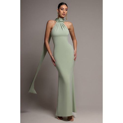 Goddiva Scuba & Soft Satin Halterneck Maxi Dress With Back Sash - Sage Green