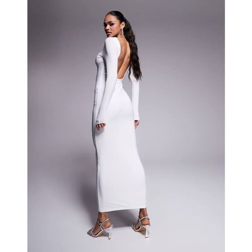 Kaiia Womens exclusive double layered slinky low back long sleeve maxi dress in white