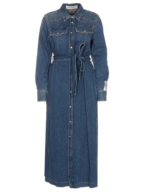 Tone-on-Tone Waistband Long-Sleeve Dress with Double Back Star, Side Slits & Distressed Finish
