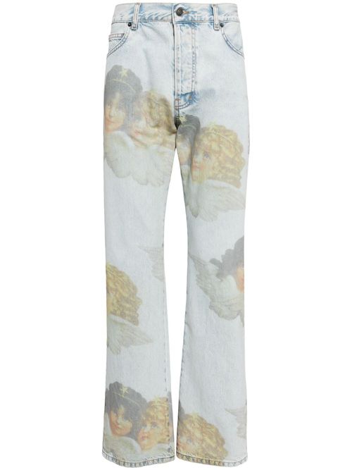 Angel-motif organic cotton jeans - Blue