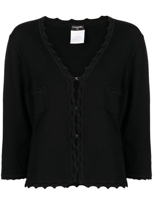 Crochet-trim V-neck cardigan - Black